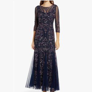 NWT Pisarro Nights Sequin Beaded Illusion Gown - Navy - Size 4